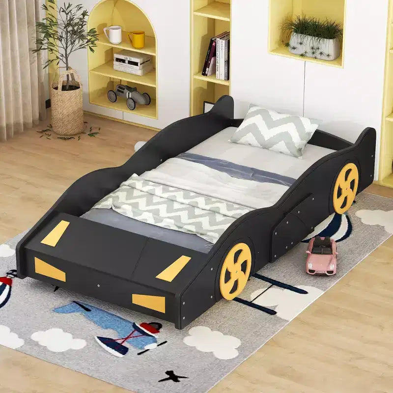 Race Car Bed Platform Bed for Kids, Wood Car-Shaped Kids Bed Frame with Storage and Wheels for Boys Girls