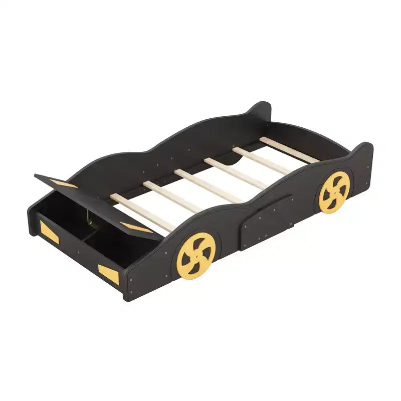 Race Car Bed Platform Bed for Kids, Wood Car-Shaped Kids Bed Frame with Storage and Wheels for Boys Girls