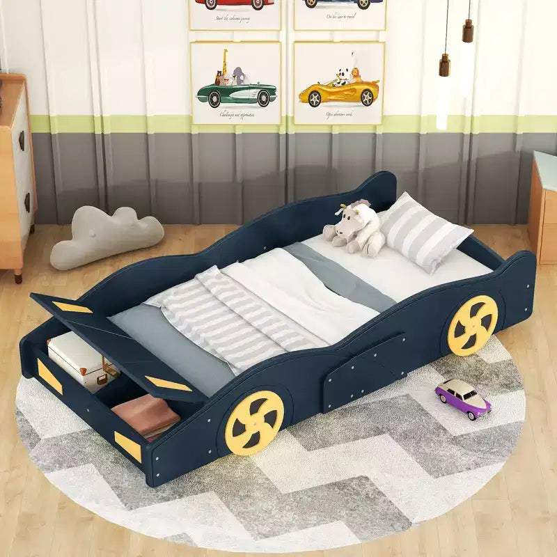 Race Car Bed Platform Bed for Kids, Wood Car-Shaped Kids Bed Frame with Storage and Wheels for Boys Girls