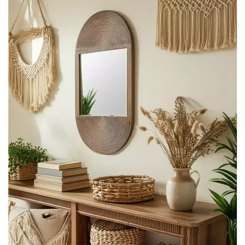 Boho Wooden Wall Mirror - Handcrafted Brown Frame - Rustic Decorative Accent for Home, Office, Bedroom & Living Room Decor - 1 Brown