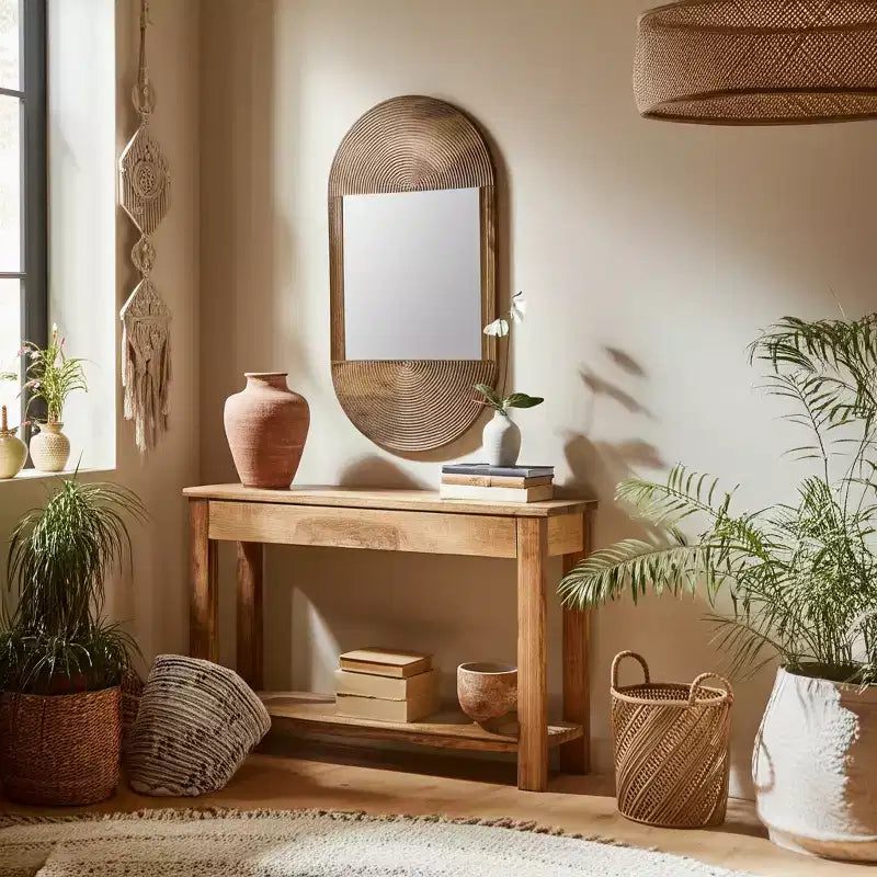Boho Wooden Wall Mirror - Handcrafted Brown Frame - Rustic Decorative Accent for Home, Office, Bedroom & Living Room Decor - 1 Brown