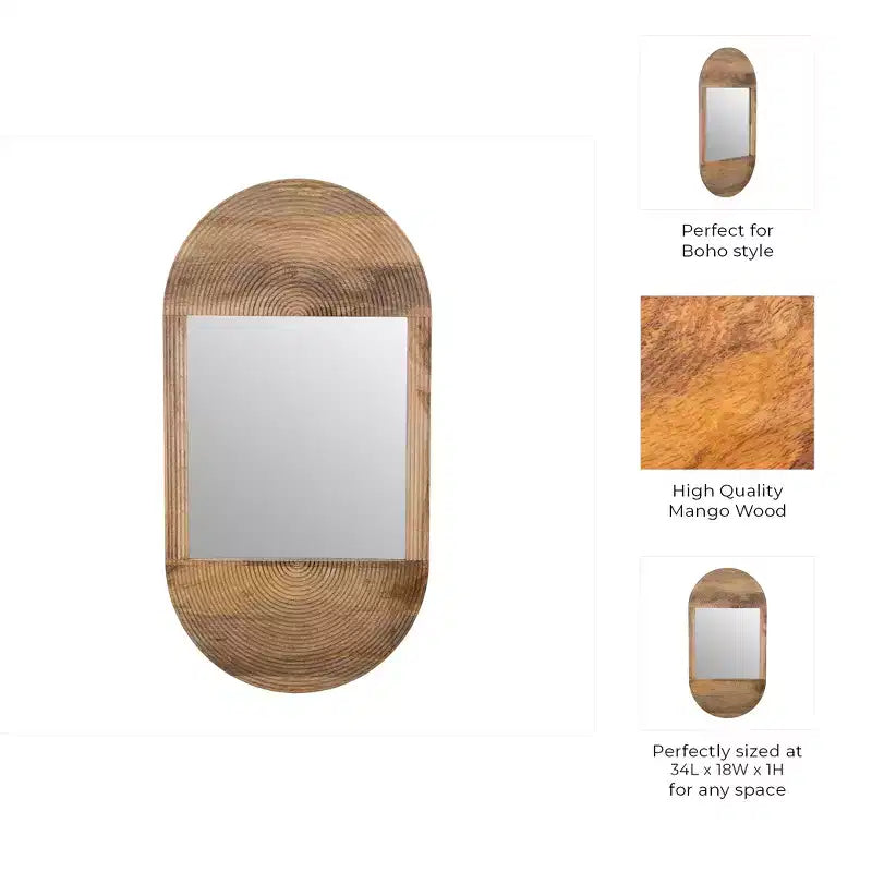 Boho Wooden Wall Mirror - Handcrafted Brown Frame - Rustic Decorative Accent for Home, Office, Bedroom & Living Room Decor - 1 Brown