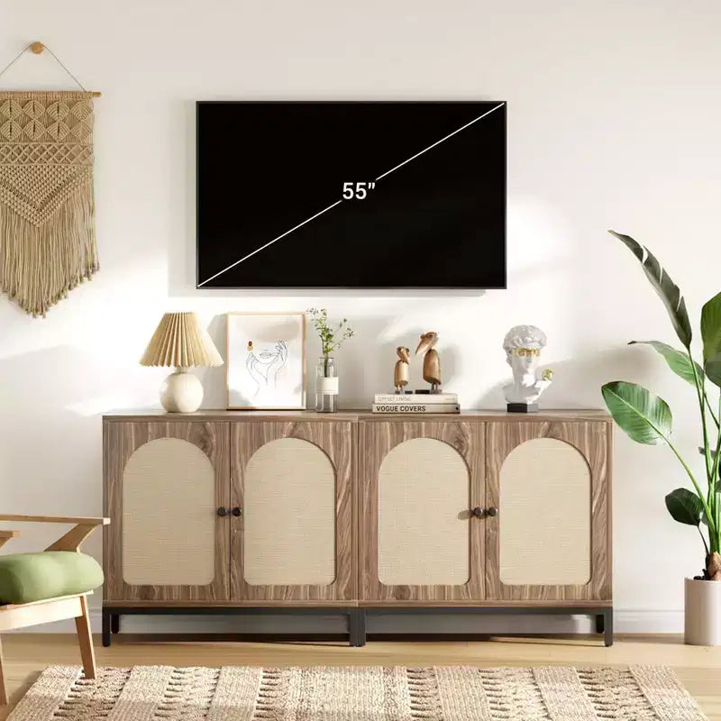 Rattan Sideboard Buffet Cabinet, Kitchen Storage Cabinet with Rattan Doors and Adjustable Shelves, Boho Accent Liquor Coffee Buffet for Living Dining