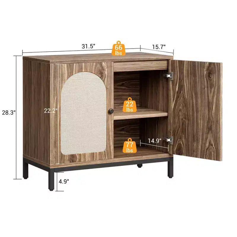 Rattan Sideboard Buffet Cabinet, Kitchen Storage Cabinet with Rattan Doors and Adjustable Shelves, Boho Accent Liquor Coffee Buffet for Living Dining