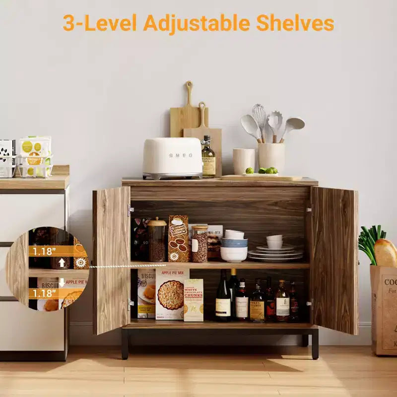 Rattan Sideboard Buffet Cabinet, Kitchen Storage Cabinet with Rattan Doors and Adjustable Shelves, Boho Accent Liquor Coffee Buffet for Living Dining