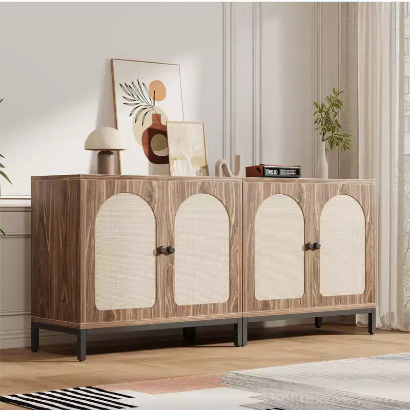Rattan Sideboard Buffet Cabinet, Kitchen Storage Cabinet with Rattan Doors and Adjustable Shelves, Boho Accent Liquor Coffee Buffet for Living Dining