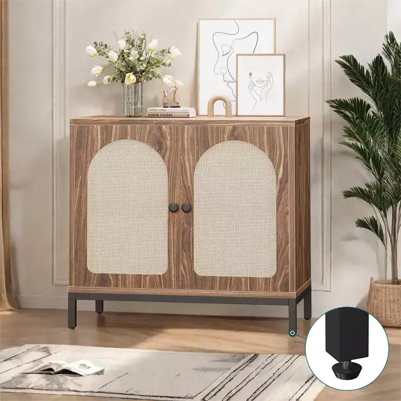 Rattan Sideboard Buffet Cabinet, Kitchen Storage Cabinet with Rattan Doors and Adjustable Shelves, Boho Accent Liquor Coffee Buffet for Living Dining