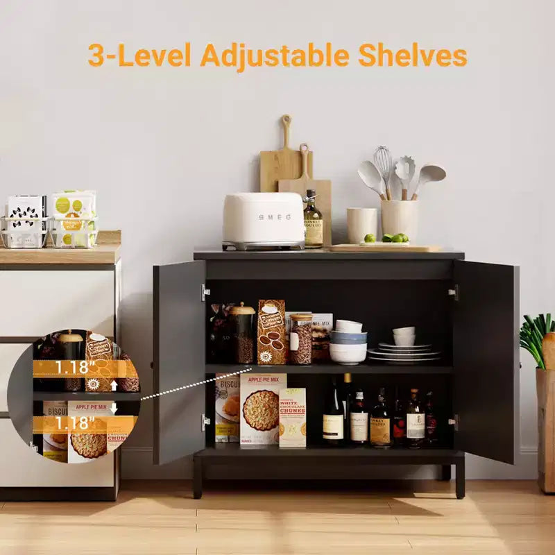 Rattan Sideboard Buffet Cabinet, Kitchen Storage Cabinet with Rattan Doors and Adjustable Shelves, Boho Accent Liquor Coffee Buffet for Living Dining