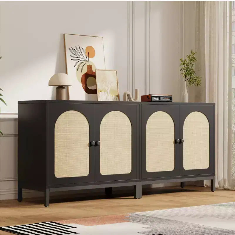 Rattan Sideboard Buffet Cabinet, Kitchen Storage Cabinet with Rattan Doors and Adjustable Shelves, Boho Accent Liquor Coffee Buffet for Living Dining