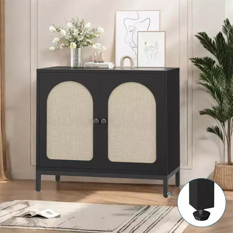 Rattan Sideboard Buffet Cabinet, Kitchen Storage Cabinet with Rattan Doors and Adjustable Shelves, Boho Accent Liquor Coffee Buffet for Living Dining