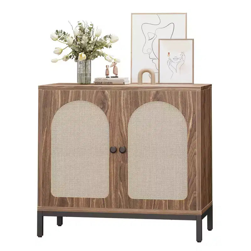 Rattan Sideboard Buffet Cabinet, Kitchen Storage Cabinet with Rattan Doors and Adjustable Shelves, Boho Accent Liquor Coffee Buffet for Living Dining