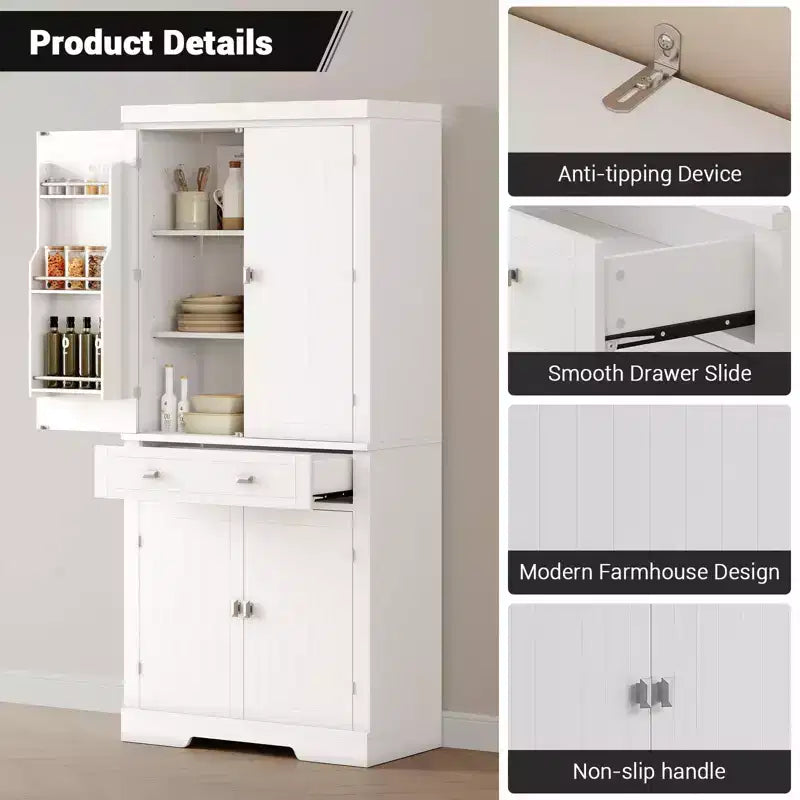 72 Farmhouse Pantry Cabinet with Adjustable Shelves, 6 Door Storage Racks, 2 Cabinets & 1 Drawer, Tall Kitchen Storage Cabinet for Dining Room