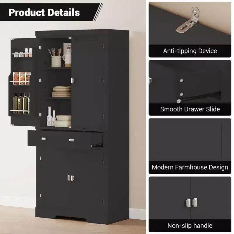 72 Farmhouse Pantry Cabinet with Adjustable Shelves, 6 Door Storage Racks, 2 Cabinets & 1 Drawer, Tall Kitchen Storage Cabinet for Dining Room