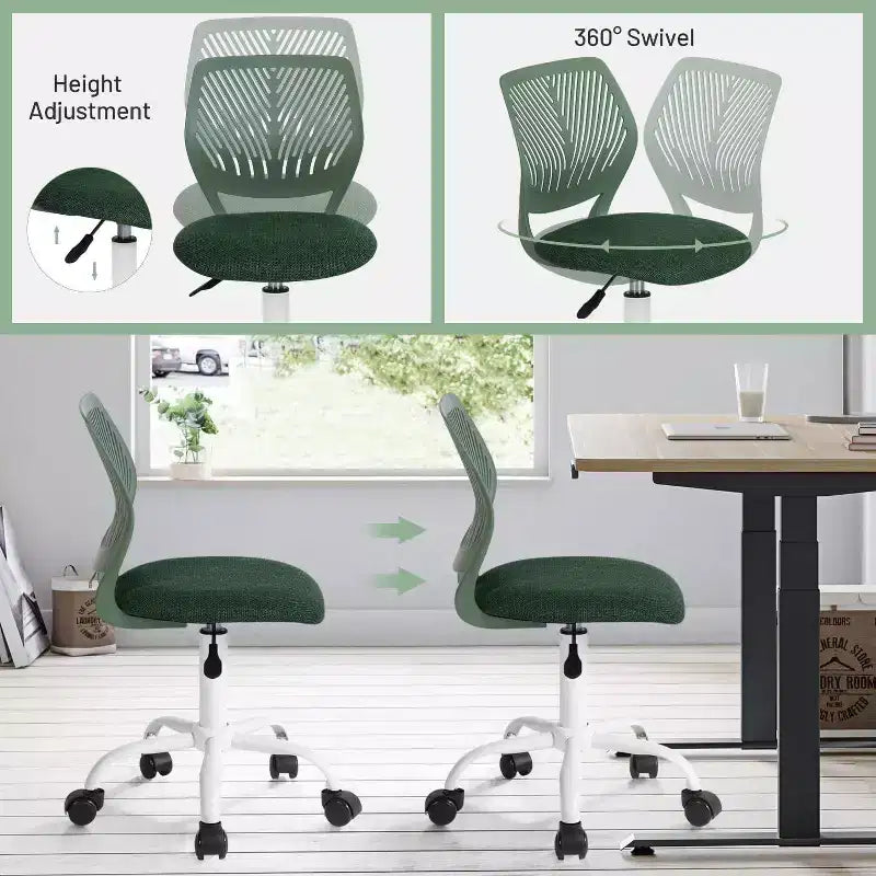 FurnitureR Desk Chair, Home Office Chair Armless with Padded Fabric Cushion and Plastic Mid Back Rolling Adjustable Swivel Computer Chair, Dark Green