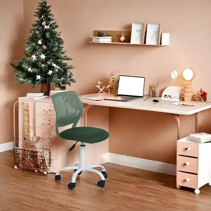FurnitureR Desk Chair, Home Office Chair Armless with Padded Fabric Cushion and Plastic Mid Back Rolling Adjustable Swivel Computer Chair, Dark Green