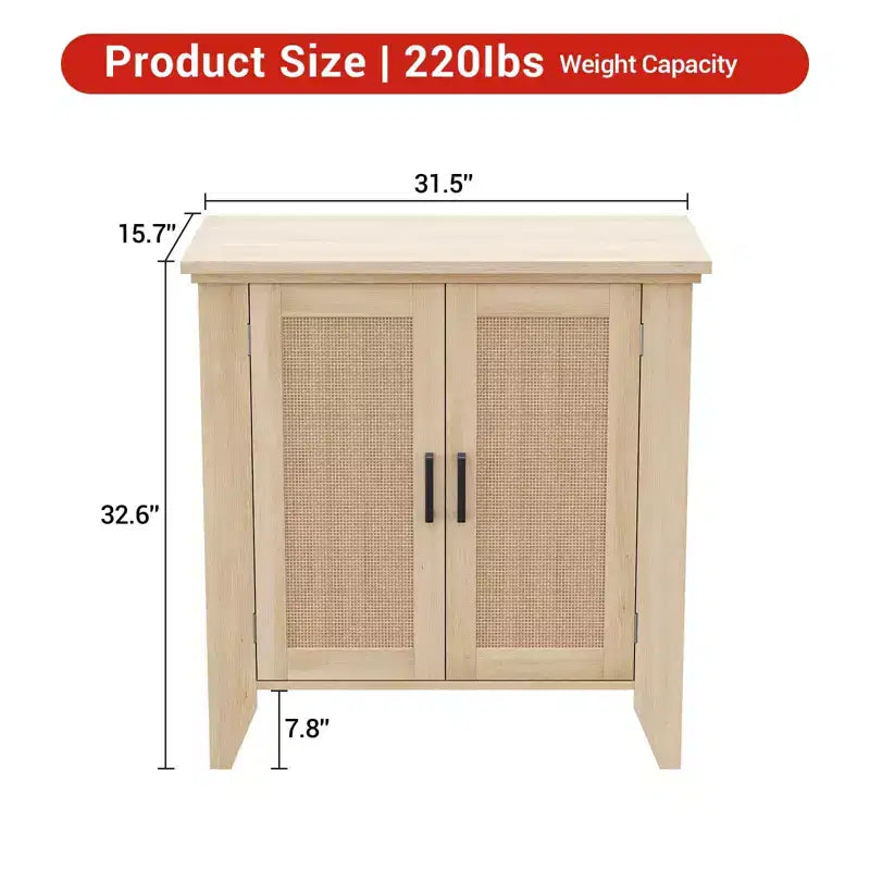 Rattan Storage Cabinet, Small Accent Cabinet with 2 Doors and Adjustable Shelf for Living Room, Entryway, and Kitchen