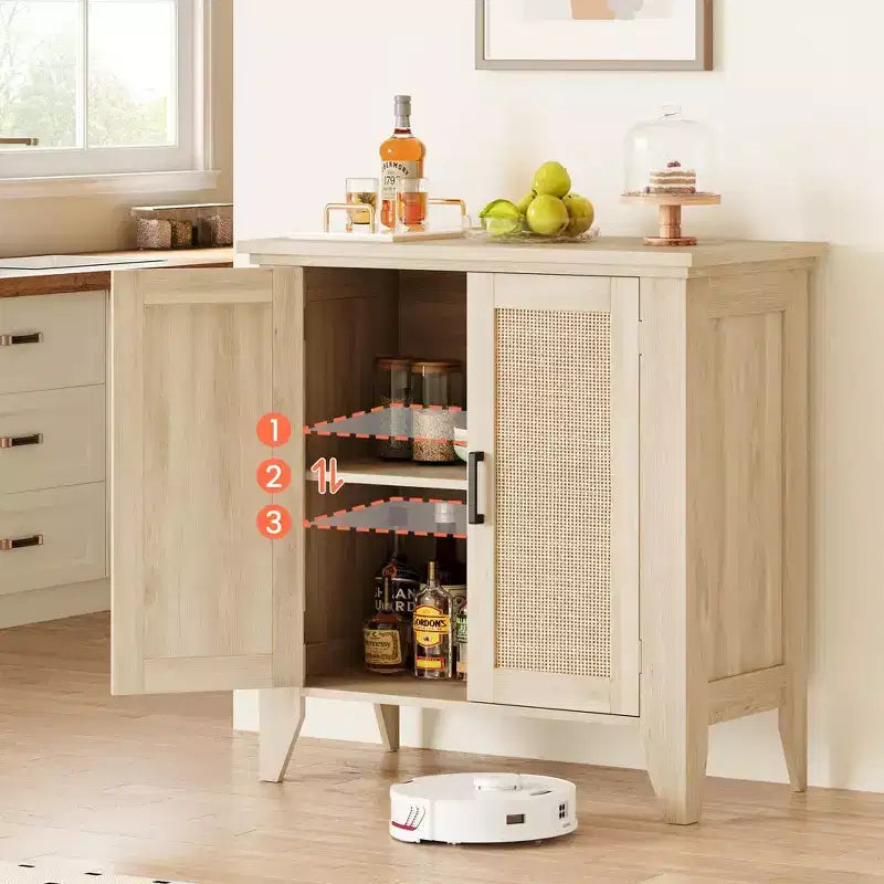 Rattan Storage Cabinet, Small Accent Cabinet with 2 Doors and Adjustable Shelf for Living Room, Entryway, and Kitchen