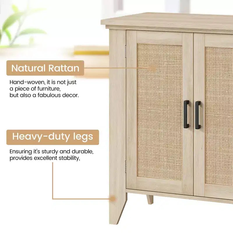 Rattan Storage Cabinet, Small Accent Cabinet with 2 Doors and Adjustable Shelf for Living Room, Entryway, and Kitchen