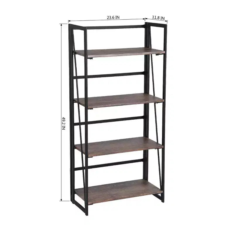 FurnitureR Folding 4-Tier Bookshelf Storage Rack, Metal Bookcase with Rustic Wood Shelves, Foldable Home Organizer for Living Room, Office, Brown