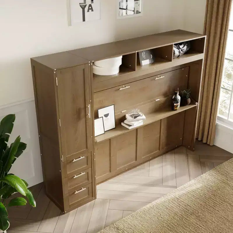Full Size Wall Murphy Bed with Wardrobe and Storage Shelf Foldable Wall Platform Bed Frame for Bedroom Guest Room, Wood