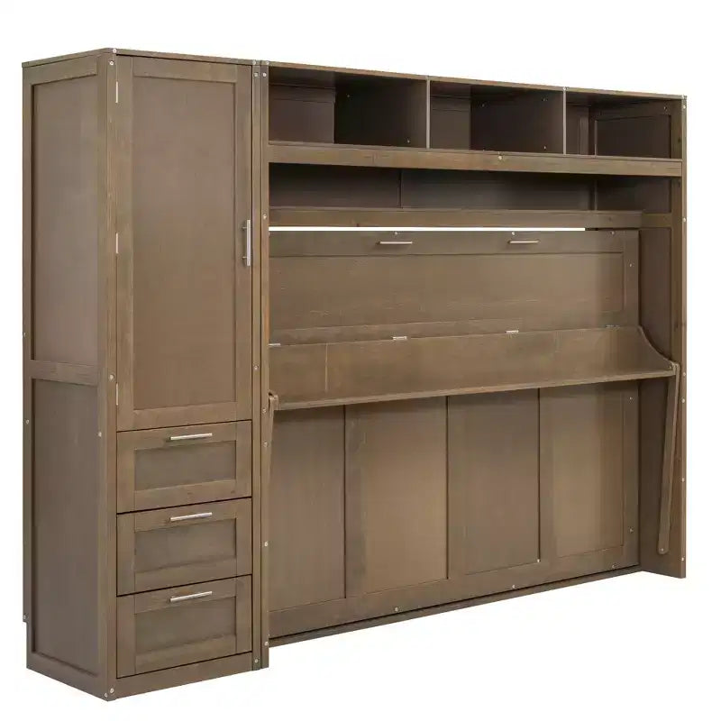 Full Size Wall Murphy Bed with Wardrobe and Storage Shelf Foldable Wall Platform Bed Frame for Bedroom Guest Room, Wood
