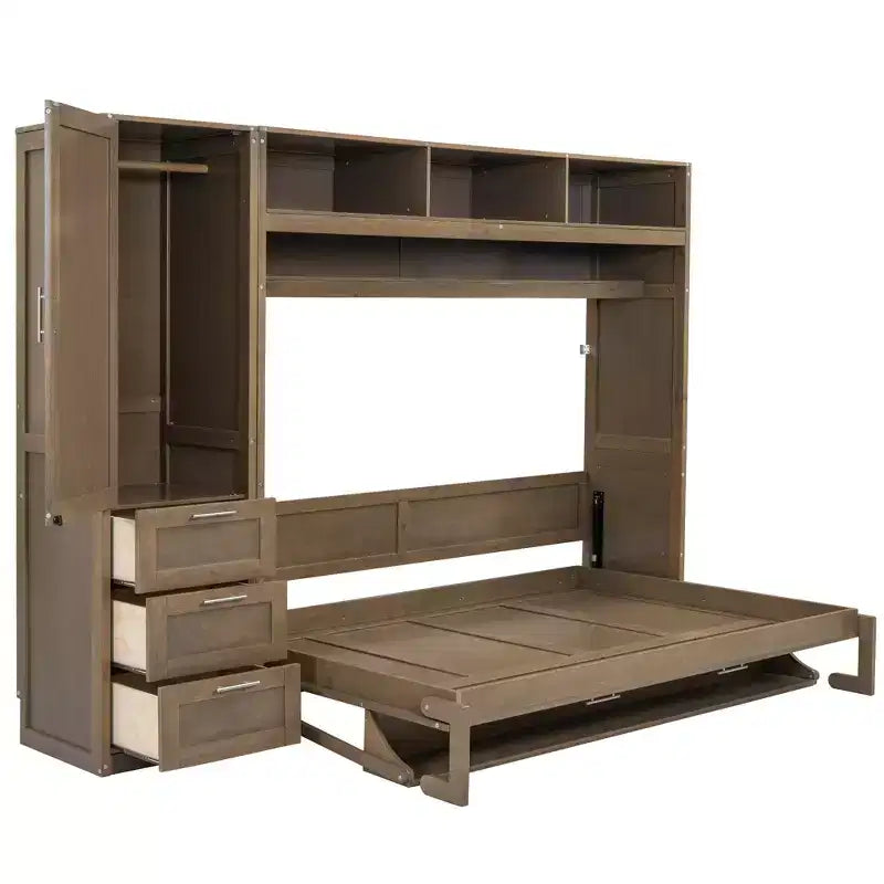 Full Size Wall Murphy Bed with Wardrobe and Storage Shelf Foldable Wall Platform Bed Frame for Bedroom Guest Room, Wood