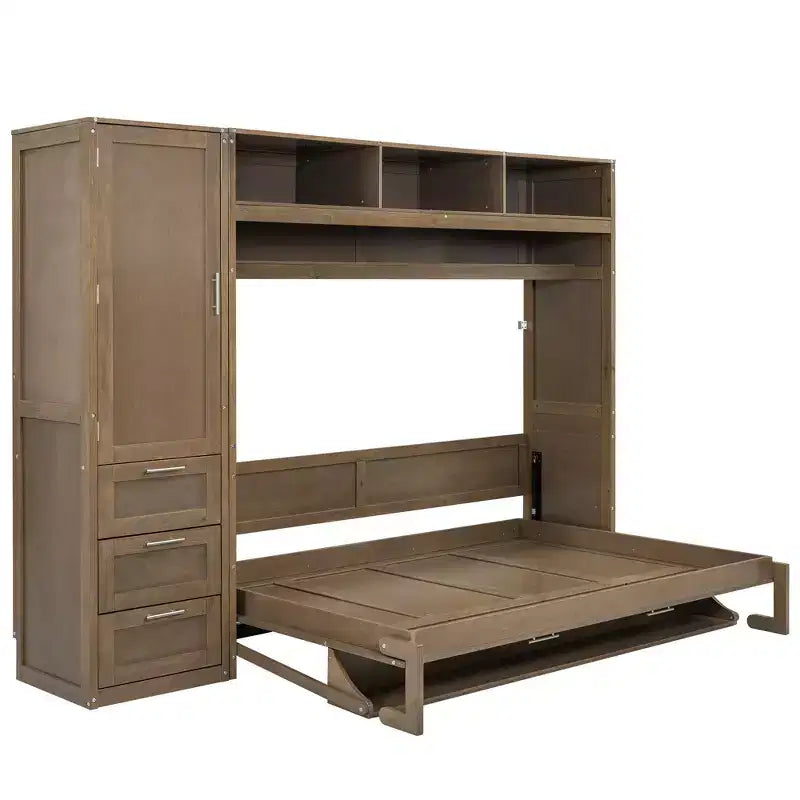 Full Size Wall Murphy Bed with Wardrobe and Storage Shelf Foldable Wall Platform Bed Frame for Bedroom Guest Room, Wood