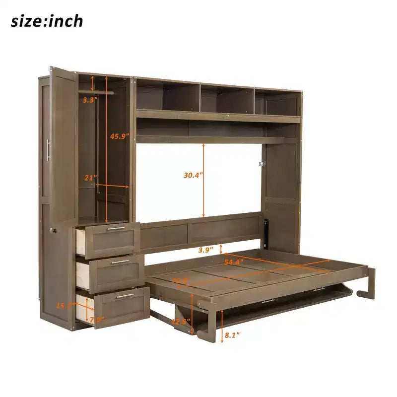 Full Size Wall Murphy Bed with Wardrobe and Storage Shelf Foldable Wall Platform Bed Frame for Bedroom Guest Room, Wood