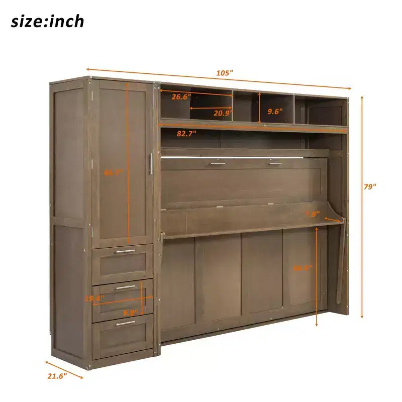 Full Size Wall Murphy Bed with Wardrobe and Storage Shelf Foldable Wall Platform Bed Frame for Bedroom Guest Room, Wood