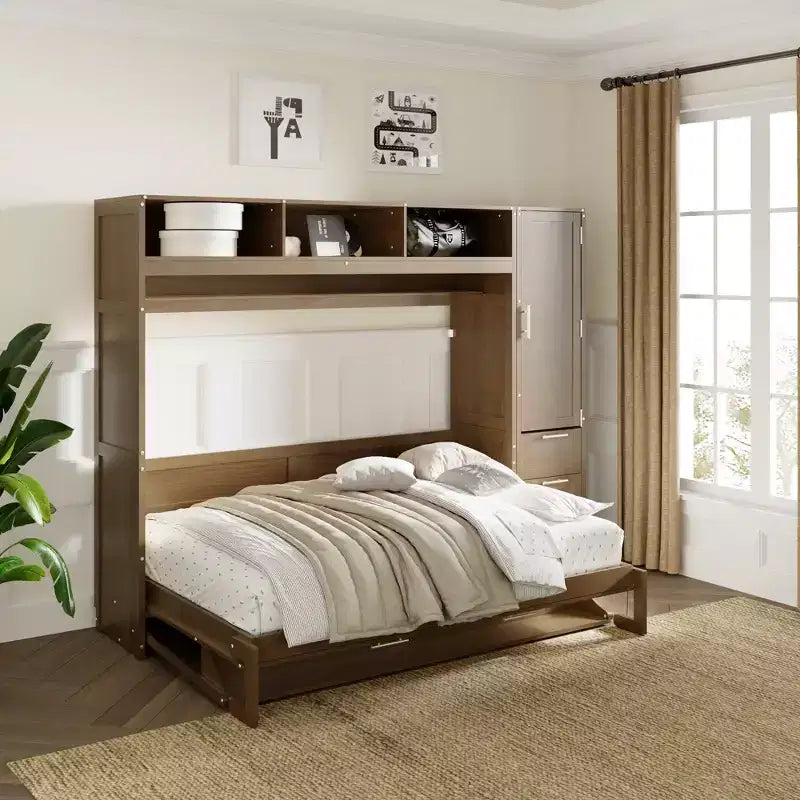 Full Size Wall Murphy Bed with Wardrobe and Storage Shelf Foldable Wall Platform Bed Frame for Bedroom Guest Room, Wood