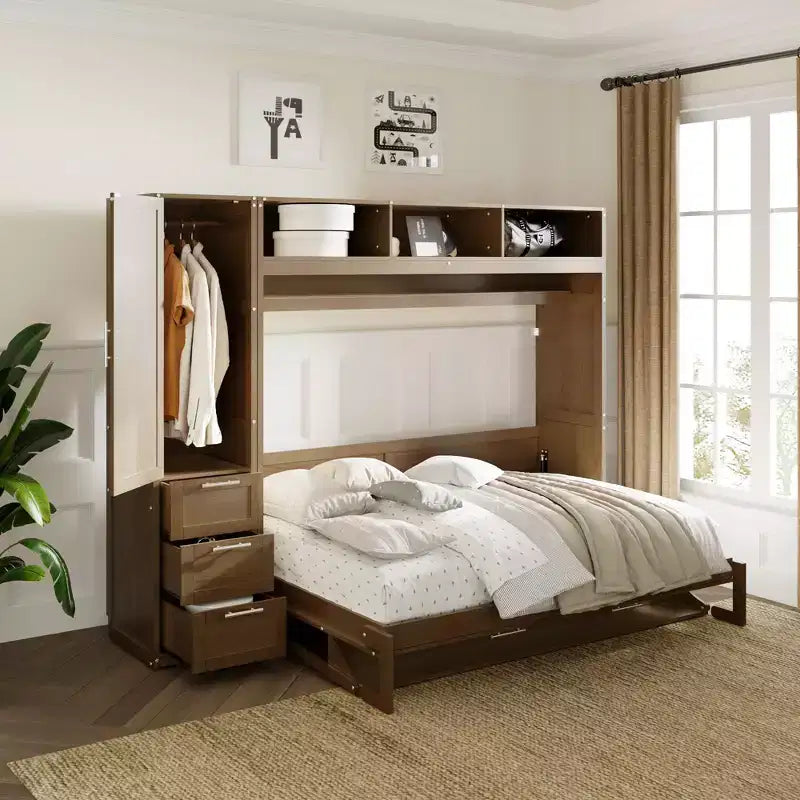 Full Size Wall Murphy Bed with Wardrobe and Storage Shelf Foldable Wall Platform Bed Frame for Bedroom Guest Room, Wood