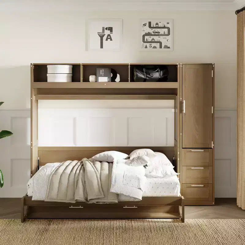 Full Size Wall Murphy Bed with Wardrobe and Storage Shelf Foldable Wall Platform Bed Frame for Bedroom Guest Room, Wood