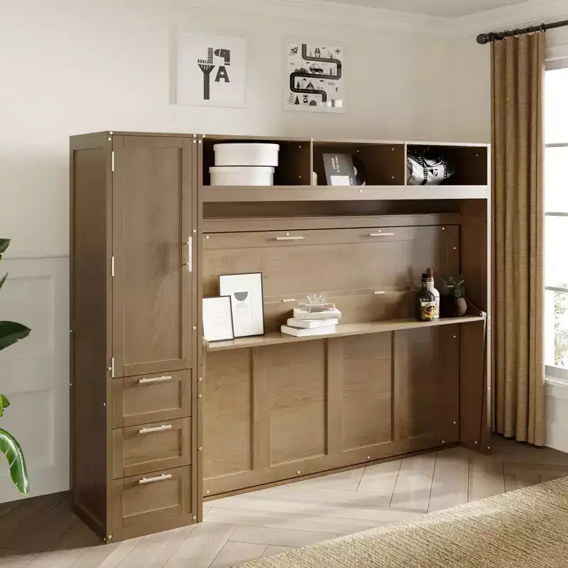 Full Size Wall Murphy Bed with Wardrobe and Storage Shelf Foldable Wall Platform Bed Frame for Bedroom Guest Room, Wood