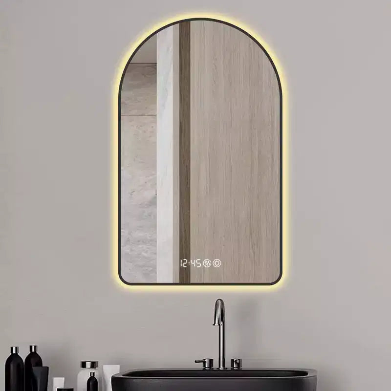 Okak Arched Vanity Mirror with Time and Temperature Display, Anti-Fog Bathroom Mirror with Three Color Temperatures for Bathroom