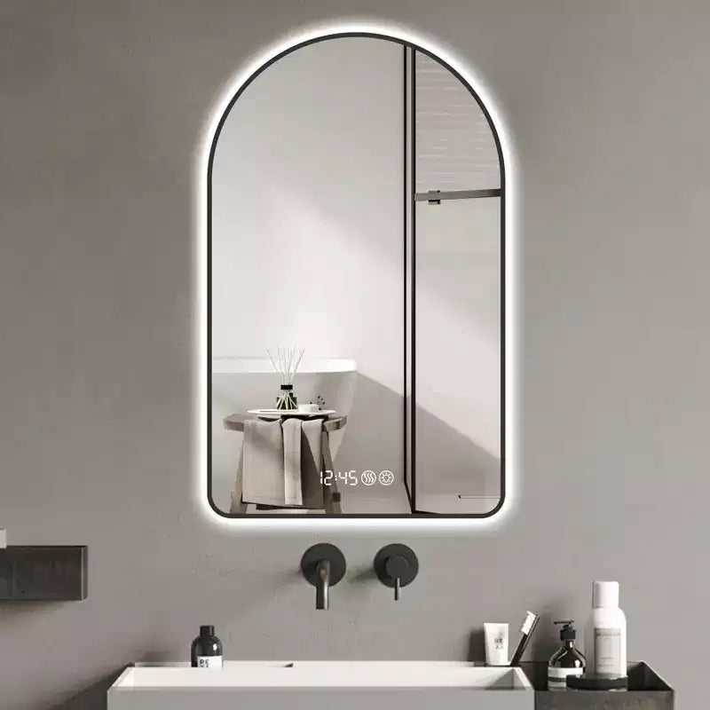 Okak Arched Vanity Mirror with Time and Temperature Display, Anti-Fog Bathroom Mirror with Three Color Temperatures for Bathroom