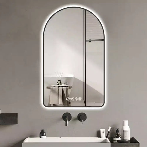 Okak Arched Vanity Mirror with Time and Temperature Display, Anti-Fog Bathroom Mirror with Three Color Temperatures for Bathroom