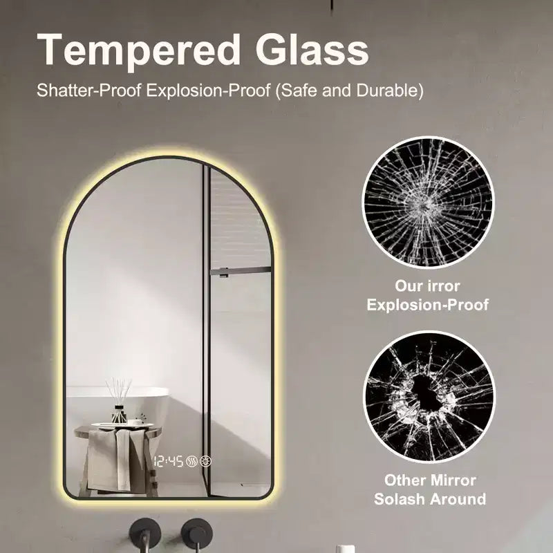 Okak Arched Vanity Mirror with Time and Temperature Display, Anti-Fog Bathroom Mirror with Three Color Temperatures for Bathroom