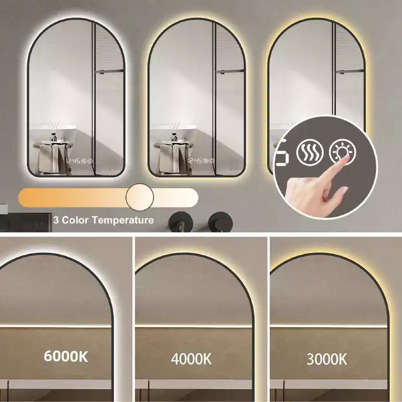 Okak Arched Vanity Mirror with Time and Temperature Display, Anti-Fog Bathroom Mirror with Three Color Temperatures for Bathroom