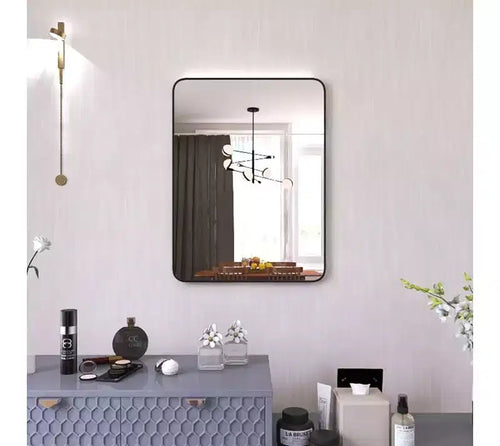 Okak 24X32IN Bathroom Mirror with Aluminum Frame, Retangular Vanity Mirror with Round Corner, Wall Mirror for Bathroom, Living Room, Black