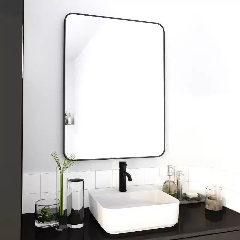 Okak 24X32IN Bathroom Mirror with Aluminum Frame, Retangular Vanity Mirror with Round Corner, Wall Mirror for Bathroom, Living Room, Black
