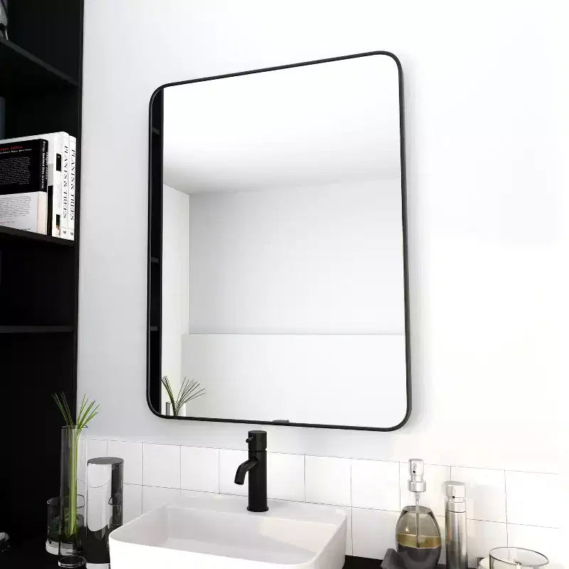 Okak 24X32IN Bathroom Mirror with Aluminum Frame, Retangular Vanity Mirror with Round Corner, Wall Mirror for Bathroom, Living Room, Black