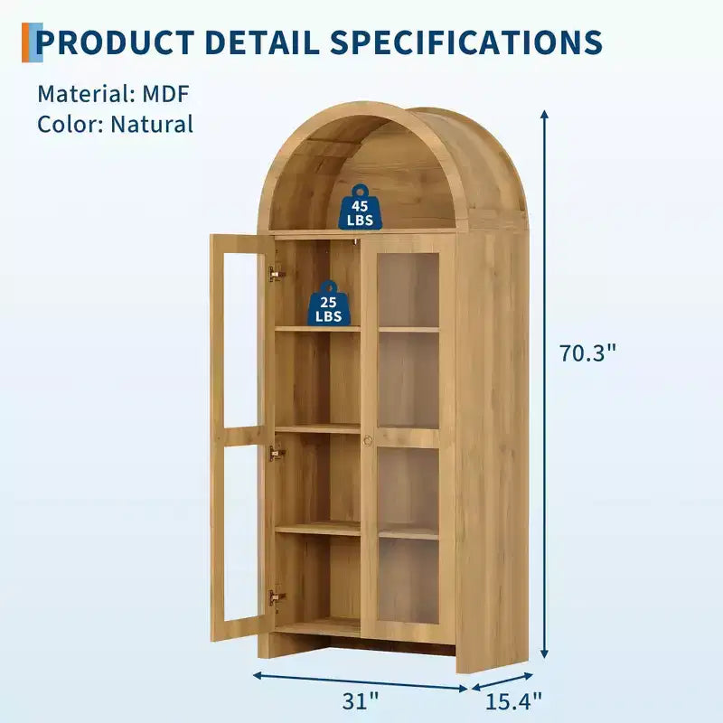 GustoWave Arched Display Cabinet with Adjustable Shelves, 70 Tall Wood Storage Cabinet with Clear Acrylic Doors in Oak Texture