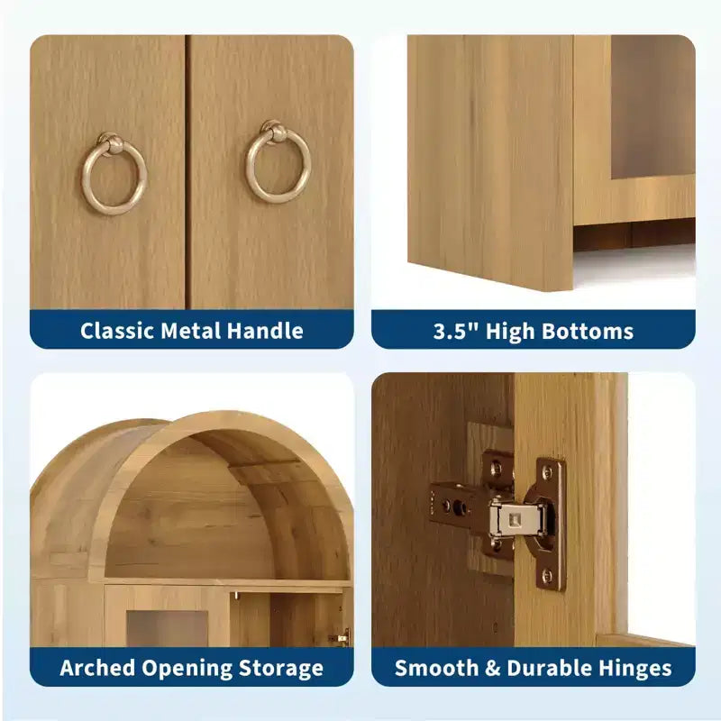 GustoWave Arched Display Cabinet with Adjustable Shelves, 70 Tall Wood Storage Cabinet with Clear Acrylic Doors in Oak Texture