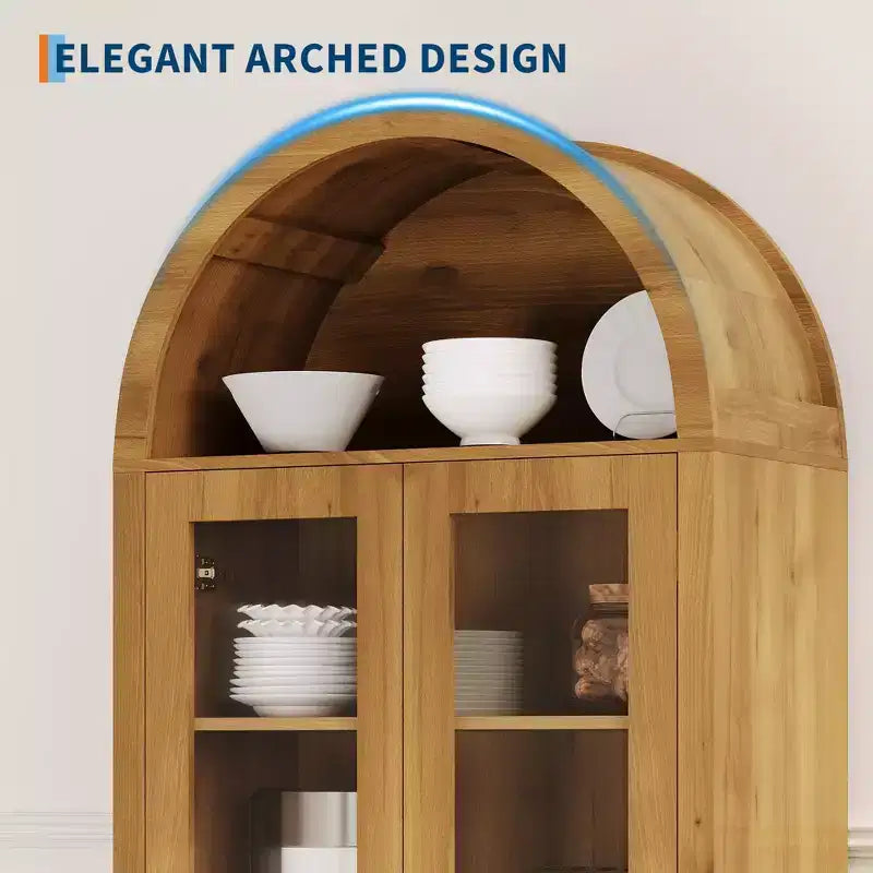 GustoWave Arched Display Cabinet with Adjustable Shelves, 70 Tall Wood Storage Cabinet with Clear Acrylic Doors in Oak Texture