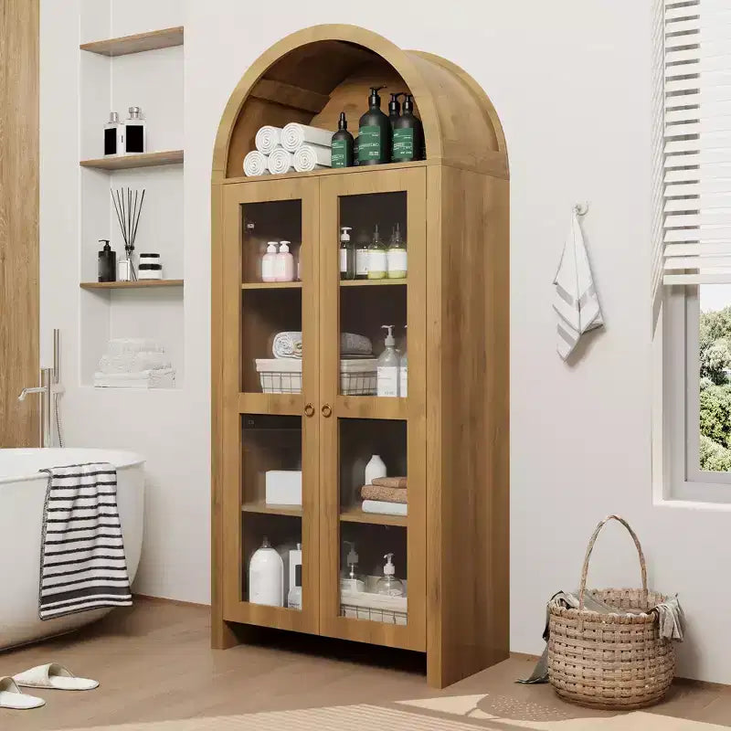 GustoWave Arched Display Cabinet with Adjustable Shelves, 70 Tall Wood Storage Cabinet with Clear Acrylic Doors in Oak Texture
