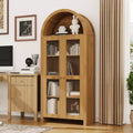 GustoWave Arched Display Cabinet with Adjustable Shelves, 70 Tall Wood Storage Cabinet with Clear Acrylic Doors in Oak Texture