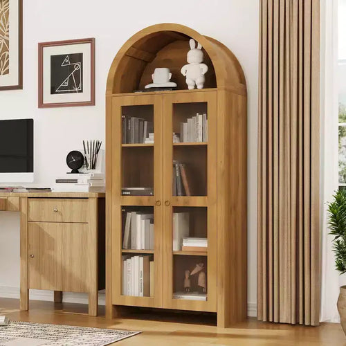 GustoWave Arched Display Cabinet with Adjustable Shelves, 70 Tall Wood Storage Cabinet with Clear Acrylic Doors in Oak Texture