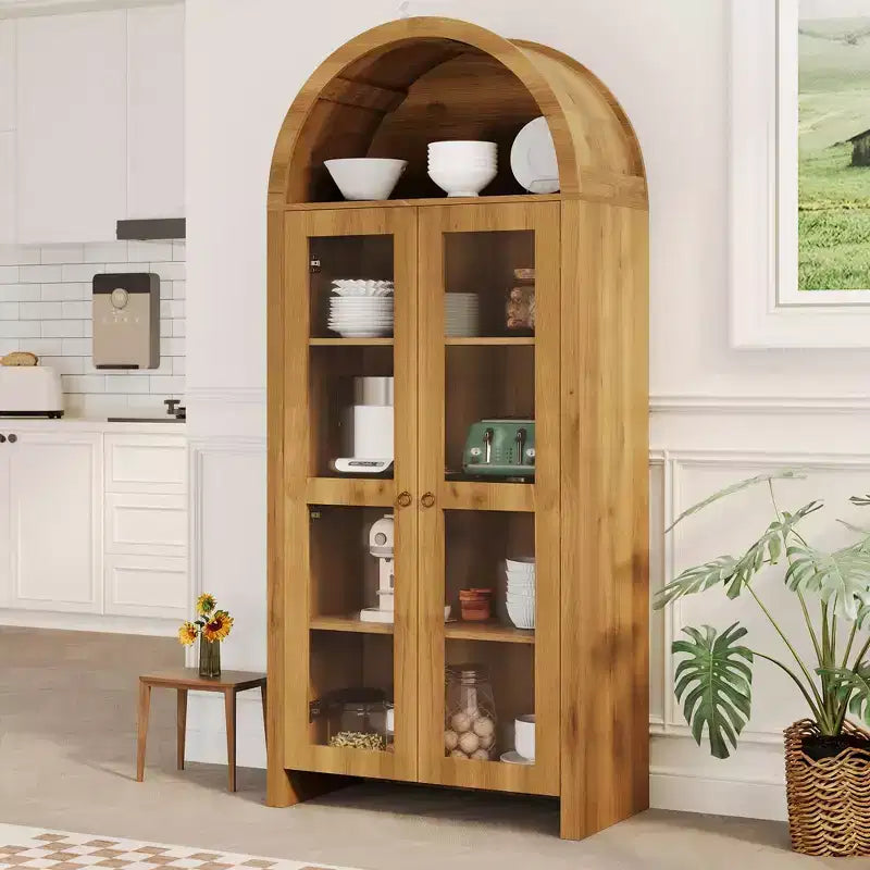 GustoWave Arched Display Cabinet with Adjustable Shelves, 70 Tall Wood Storage Cabinet with Clear Acrylic Doors in Oak Texture