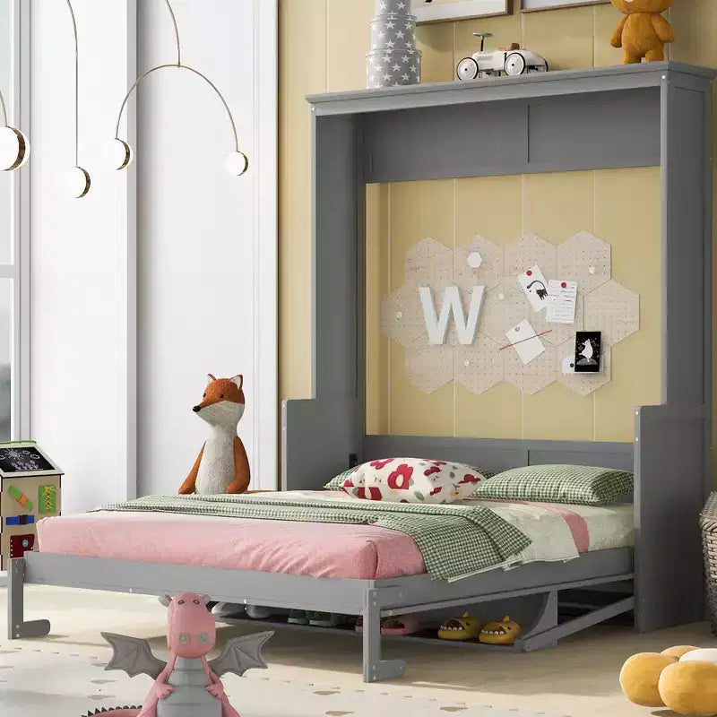 Queen Size Murphy Bed with Storage Shelf, Queen Wood Cabinet Beds Foldable Wall Bed Frame for Guest Room Home Office