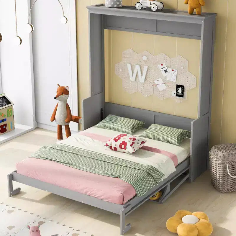 Queen Size Murphy Bed with Storage Shelf, Queen Wood Cabinet Beds Foldable Wall Bed Frame for Guest Room Home Office